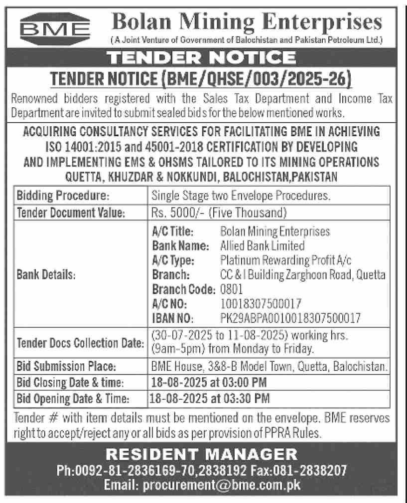 Bolan Mining Enterprises Tender Notice